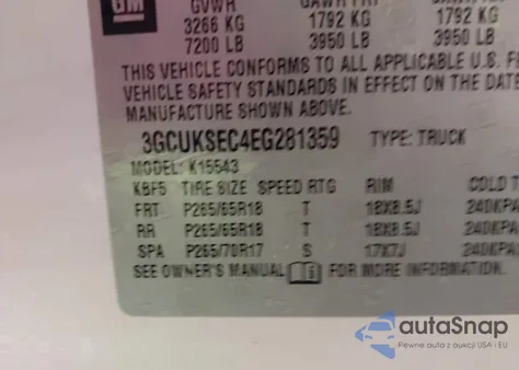 2014 Chevrolet Silverado 1500 2Lz z USA, uszkodzony, nr VIN 3GCUKSEC4EG281359